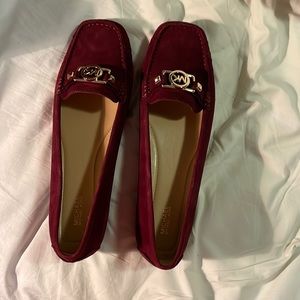 Michael Kors burgundy suede moccasins w gold MK charm - size 12 - never worn